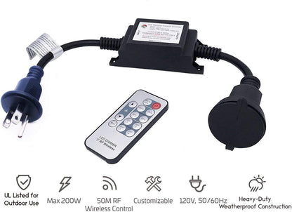 Max Power 200W Waterproof Outdoor String Lights Wireless Remote Control, 150Feet Range, Memory, Stepless Dimming, IP68 Waterproof. UL 3 Prong Remote Control Dimmer