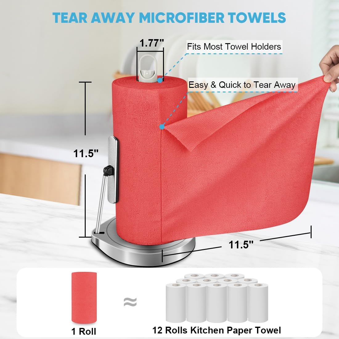 AIDEA Microfiber Cleaning Cloth Roll, 50PK Red, Reusable Paper Towels Tear Away Cloth, Microfiber Towels Washable Shop Rags, Lint Free Cleaning Rags for House, Kitchen, Window, 11.5"×11.5"