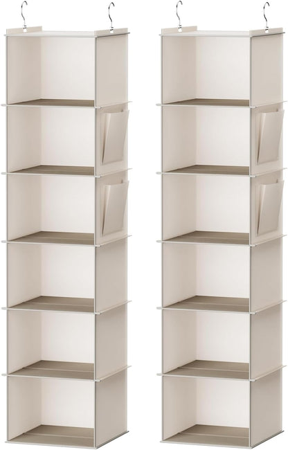 YOUDENOVA Hanging Closet Organizer, 6-Shelf Closet Hanging Storage Shelves, 2 Packs, Beige