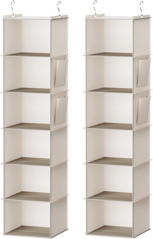 YOUDENOVA Hanging Closet Organizer, 6-Shelf Closet Hanging Storage Shelves, 2 Packs, Beige