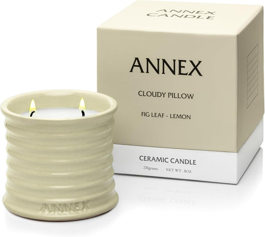 Scented Luxury Citronella Candles outdoor, Mosquito Bug Repellent | Handmade Ceramic Jars, Soy Wax | Cloudy Pillow - Fig Leaf & Lemon, Large Natural Candle | Non Toxic, 2 Wicks, Reusable Big Beige Jar