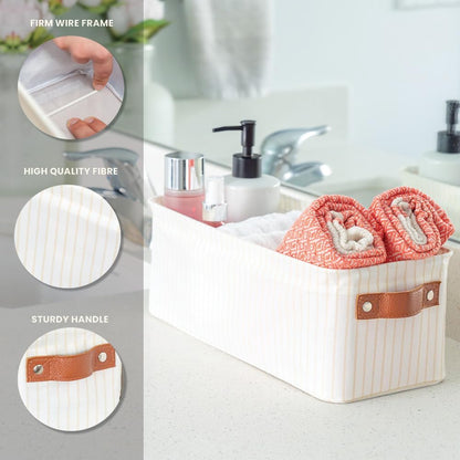 OrganiHaus Narrow Storage Bins 15x06in, Small Closet Bins for Shelves, Bathroom Storage Baskets, Narrow Baskets, Fabric Organizer with Handles, Toilet Paper Organizer - 2 Pack, White w/ Brown Stripes