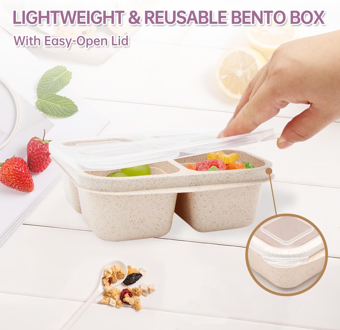 4 Pack Bento Lunch Box，4 Compartment Snack Containers，Divided Bento Snack Box，Meal Prep Containers Kids/Toddle/Adults,Food Storage Containers for School, Work and Travel