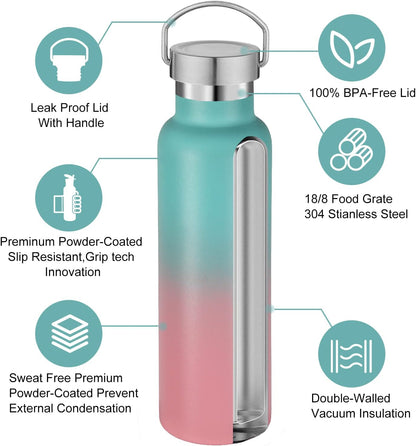 Neihepal Gradient Stainless Steel Water Bottles,20 Ounce Vacuum Insulated Double Wall Travel Bottle with Leak Proof Lid of Handle,Metal Reusable Standard Mouth Flask Thermoses for School,Hikers,Gift