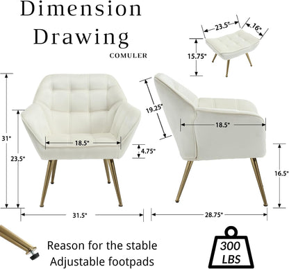 Beige Velvet Accent Chair with Ottoman ，Modern Reading Chair with Ottoman Set, Comfy Fuzzy Armchair Living Room Chair Lounge Chair with Metal Legs for Small Spaces Bedroom Apartment