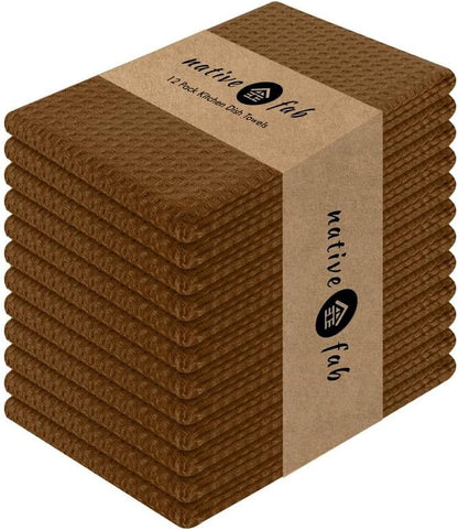 Native Fab Waffle Weave Dish Towels 12 Pack 100% Cotton, 16x26 Inches, Super Absorbent, Quick Dry, Waffle Knit Dishcloths with Hanging Loop, Washable for Kitchen Cleaning, Drying Dishes, Brown