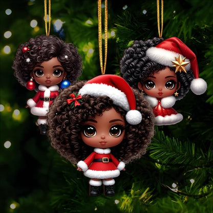 16pcs African American Black Chibi Girl Ornaments - Xmas/Christmas Wooden Decor, Gift Boxed for New Year/Carnival | Home/Window/Tree/Office/Classroom/Wine Bottle Party Deco, Black Heritage Pendants