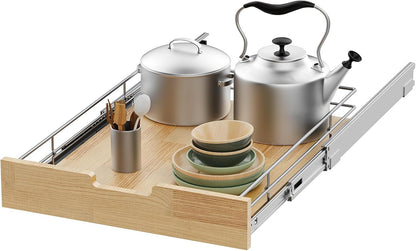 Pull Out Cabinet Organizer,Heavy-Duty Slide Out Shelf, Wood And Wire Basket, Pull Out Drawer for for Kitchen Under Sink Space, Pantry, Bathroom (23 * 21 WM)