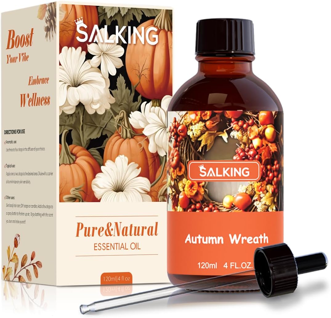 SALKING Autumn Wreath Fragrance Oil, 120ml (4 Fl Oz) Premium Essential Oils for Diffuser, Candle Scents for Candle Making, Soap Making Supplies, Autumn Diffuser Oil, Halloween Thanksgiving Gift