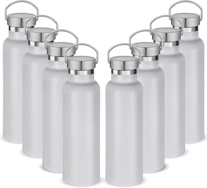 Neihepal 20 oz Insulated Water Bottles Bulk 8 Pack,Stainless Steel Double Wall Sport Bottle with Lid of Handle,Metal Reusable Flask with Cup Cap for School,Hikers,Gift (White,Set of 8)