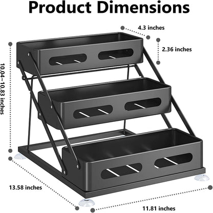 3 Tier Foldable Spice Rack for Countertop Iron Kitchen Seasoning Organizer for Cabinet, Black