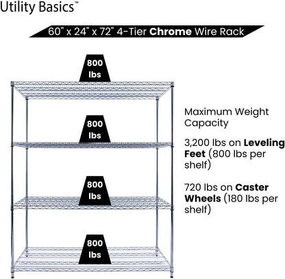 60"x24"x72" PREMIUM METAL STEEL 4-Tier Wire Shelving NSF 3200 LBS MAX Capacity Heavy Duty Storage Rack for Hospitals, Schools, Commercial Spaces, and Garages w/PREMIUM Wheels