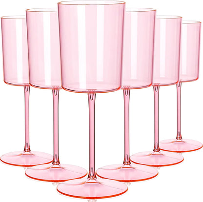 Ciaell 12 Pack Pink Plastic Wine Glasses - 10 Oz Disposable Wine Glasses with Stem for Parties & Weddings & Poolside & Outdoors & Camping