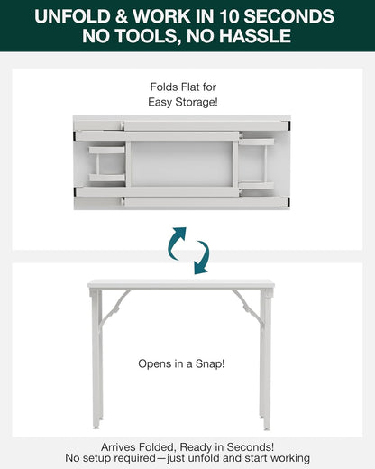 Frylr Small Folding Computer Desk – 35.8 Inch Portable Table for Craft and Study, Lightweight Desk for Small Spaces, Foldable Laptop Table Built-in AC/USB Outlets for Convenience, White