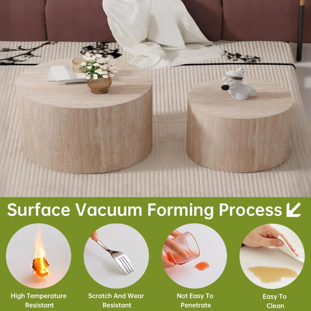 Round Nesting Coffee Table Set of 2 Small Round Coffee Tables for Living Room Modern Fluted Coffee Table Circular End Table Side Table for Small Spaces No Assembly (Travertine, 27 in)