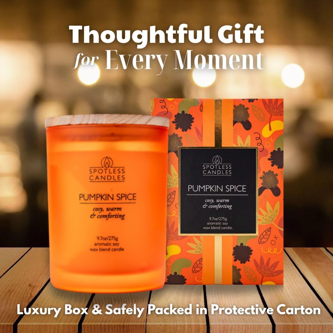 Pumpkin Spice Candle - 9.7 oz /275g Pumpkin Candle in Orange Frosted Glass Jar with Wooden Lid and Wooden Crackling Wick in Luxurious Gift Box - Cosy, Warm and Comforting