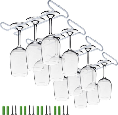 White 4 Wine Glass Rack Under Cabinet Shelf 10 Inch Stemware Storage Hanging Hanger Organizer Glasses Holder with Drying Under Counter Metal for Kitchen and Bar