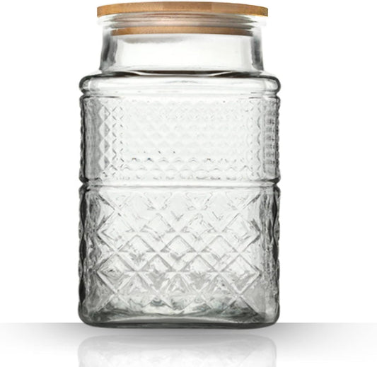 Large Glass Storage Jar, 60 FL OZ Glass Food Storage Containers with Bamboo Lid, Kitchen Containers Cereal Canisters Decorative Jar for Candy Snack Cookies Coffee Tea Nuts Airtight Glass Jars (Square)