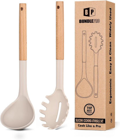 Silicone Pasta Fork and Ladle Spoon Set with Wooden Handle, Heat Resistant Non Stick Kitchen Utensils for Cooking, Stirring, Serving Spaghetti, Soup, Sauce(KHAKI)