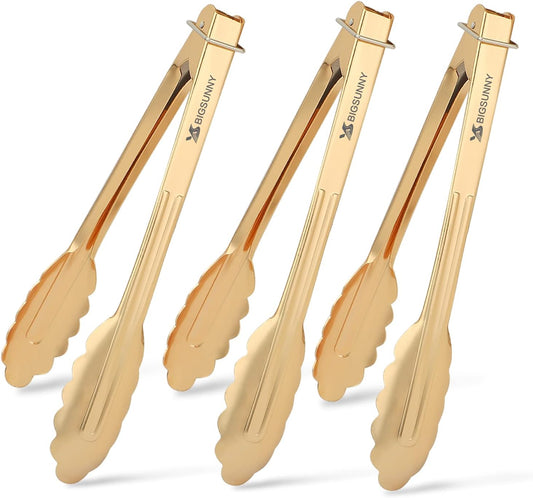 MSY BIGSUNNY 9 Inch Kitchen Food Tongs for Cooking and Serving- Aluminum - Set of 3 (gold-plated)