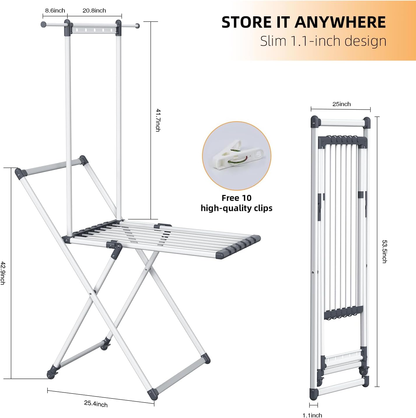 Clothes Drying Rack, Foldable Laundry Rack for Indoor Outdoor, 10pcs Sock Clips, Collapsible Space-Saving Drying Rack for Clothes Towels Dolls (Gray-Hanger)