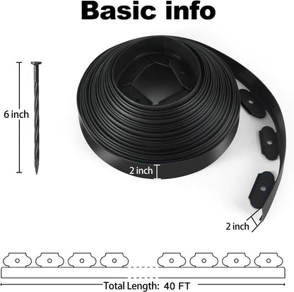 LINSHRY Landscape Edging, 40FT No Dig Garden Edging Border Kit with 48pcs Spikes, 2 Inch Tall Plastic Lawn Edging for Landscaping, Flower Bed, Grass, Yard