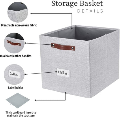 DECOMOMO Storage Cubes, 13x13x13 Storage Cube Bins with Labels, Fabric Organizer Bins (13" / 6pcs, Light Texture Grey)