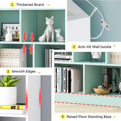 IOTXY Open Shelf Low Bookcase - Wooden 3-Tier Floor Standing Display Cabinet Organizer with Base, 5 Cubes Short Horizontal Bookshelf in Bright Blue