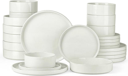 Onader 24 Piece Dinnerware Sets with Pasta Bowls for 6, Stoneware Plates and Bowls Dish Sets, Ceramic Speckled Dinner Dishware for Kitchen Dining, Microwave & Dishwasher Safe - Cloud White