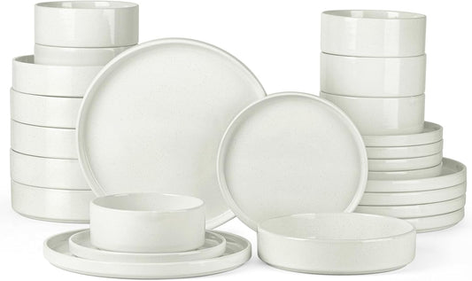 Onader 24 Piece Dinnerware Sets with Pasta Bowls for 6, Stoneware Plates and Bowls Dish Sets, Ceramic Speckled Dinner Dishware for Kitchen Dining, Microwave & Dishwasher Safe - Cloud White