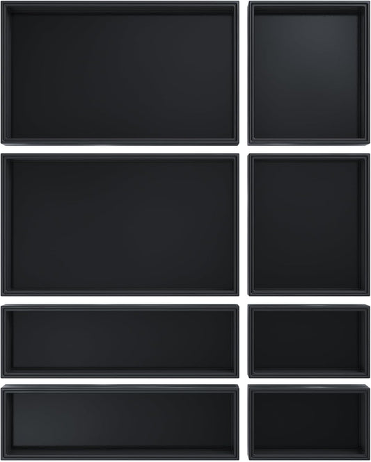 Bathroom Drawer Organizer Trays, Bamboo Drawer Organizer Kitchen Utensils Silverware Organizer, 8 PCS Wood Box Stackable Bins for Makeup, Office Desk, Junk Drawer (Black)