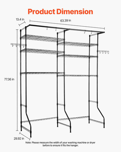 VEVOR Over The Washer and Dryer Storage Shelf, 6 Tier Laundry Room Drying Rack with Hanger Rod and Hooks, Adjustable Over Washer and Dryer Shelves, Laundry Room Shelf Storage Space Saver, Black
