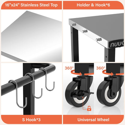 NUUK 3-Shelf Grill Cart 16" x 24" Outdoor BBQ Table with Stainless Steel Top Rolling Pizza Oven Carts for Outside Dining Tables