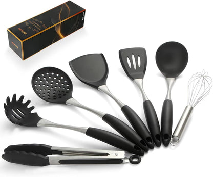 Premium Black Silicone Cooking Utensils Set - Non-Toxic, Heat Resistant& Non-Stick Kitchen Utensils Set with Spatula, Spoon, Whisk, Tongs, BPA Free, Dishwasher Safe, Black
