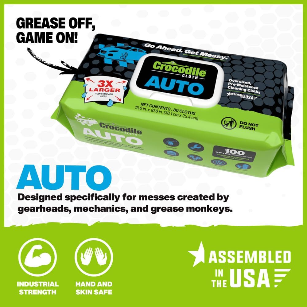 Crocodile Cloth Auto Cleaning Wipes – 600 Count (6 Packs of 100) XL 15" x 10" Heavy-Duty Car Wipes for Engine Degreaser, Detailing, Tires, Tools & DIY Projects