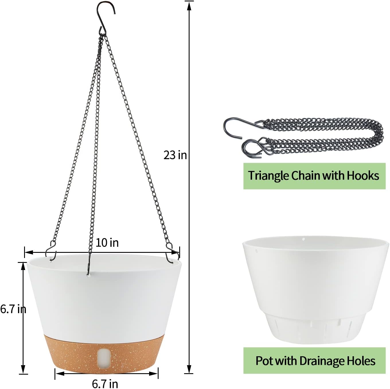2 Pack 10 Inch Hanging Planters for Indoor Outdoor Plants, Hanging Plant Flower Pot Basket with Drainage Hole with Removable Tray&Hooks Self Watering Plant Pot for Hanging Plants, White