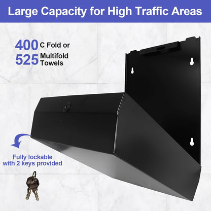 Paper Towel Dispenser Wall Mount, Matte Black Stainless Steel Commercial Paper Towel Holder with Lock, Large Capacity 400 C Fold/525 Multifold Towels