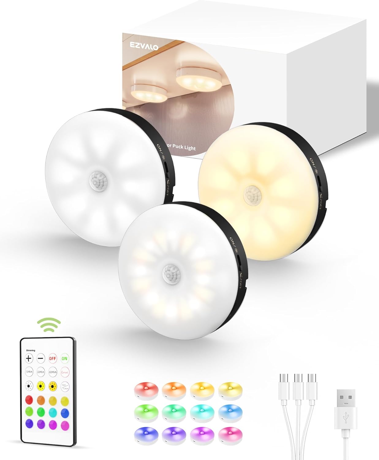 EZVALO Under Cabinet Lighting,1000mAh Rechargeable Puck Lights with Remote,3 Color Temps & 12 RGB Motion Sensor Closet Lights Indoor,Dimmable Under Cabinet Lights for Kitchen,Cabinets,Closet (3 Packs)