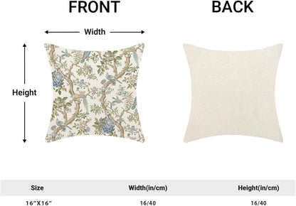 CXMEIFLY Chinoiserie Spring Pillow Covers 16 x 16 Inch Set of 2 for Blue Sage Green Vintage Flowers Bird Decor Throw Pillows Plant Farmhouse Outdoor Decorative Cushion Cases for Couch Bed Decorations