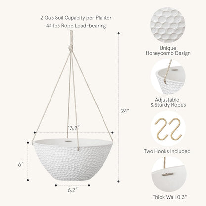 LA JOLIE MUSE Hanging Planters for Outdoor Plants, Large Hanging Planter with Drain Holes, Outdoor Hanging Flower Pots, White Stone, Honeycomb (13.2 Inch, Set of 2)