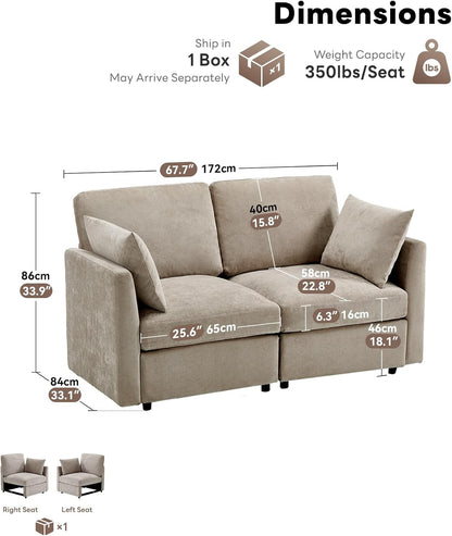 Tbfit 59" Loveseat Sofa, Chenille Small Sofa Couch, Love Seat with 2 Pillows for Small Space, Bedroom & Living Room, Khaki