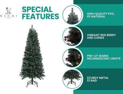 Naomi Home Belen 9ft Pencil Christmas Tree Prelit pre-Decorated with Pine Cones, Red Berries, 1457 Branch Tips, 500 Warm Lights and Metal Stand, 37" Wide Skinny Christmas Tree with Lights