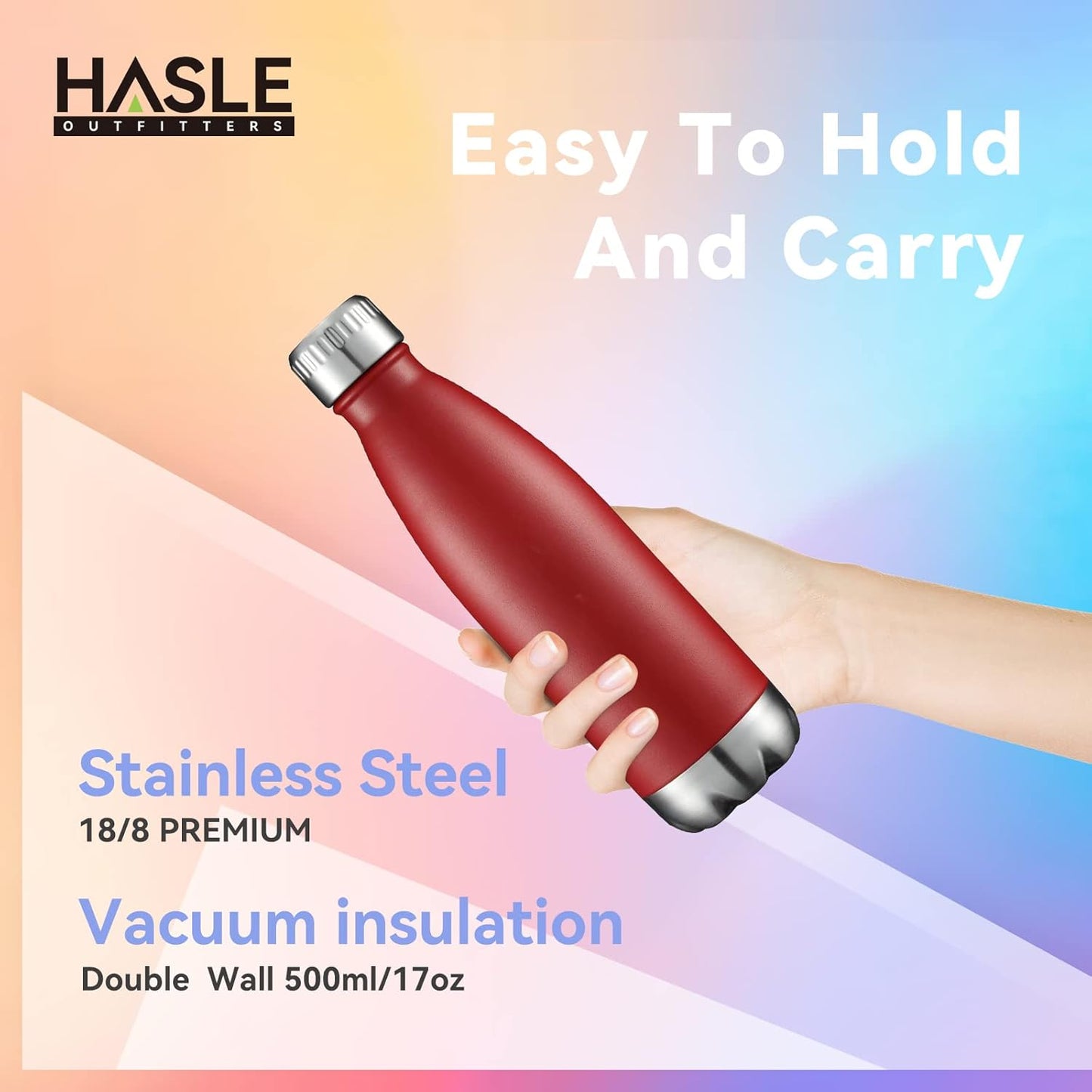 HASLE OUTFITTERS 17oz Stainless Steel Water Bottles, Vacuum Insulated Water Bottles Double Walled Powder Coated Reusable Metal Sports Water Bottles Keep Drinks Hot and Cold, Red, 1Pack