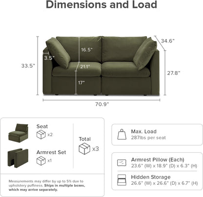 mopio Oversized Modular Sectional Sofa with Fully Removable Covers and Storage, Convertible U, L-Shaped and Sleeper Sectional, Modern Couches with Ottoman Chaise (Olive Green Velvet, Loveseat)