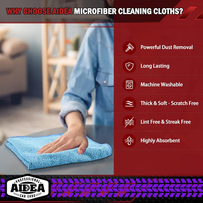 AIDEA Microfiber Cleaning Cloth, 50PK, Blue Shop Rags, Microfiber Towels for Cars, Dusting Cloth Lint Free Rags, Absorbent Towels for SUVs, House, Kitchen, Mechanic, Workshops, 12"×12"