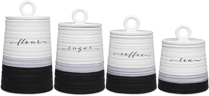 Young's Inc. 4 Pcs Set Rustic Modern Ceramic Canisters- Storage Container for Kitchen and Bathroom - Beautiful Home Decor Accent to Store Food, Coffee, Tea, and More - Black, White