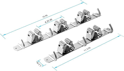 2 Pcs Mop Broom Holder Wall Mounted, Dustpan Holders, Stainless Steel Mop Hangers Organizer, Broom Rack, Utility Hook for Hanging Brooms and Mops(3 Racks 4 Hooks and 2 Racks 3 Hooks)