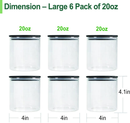 Urban Green Glass Jars with Airtight Black Lids, Food Storage Container with Airtight Lids, Glass Canisters Sets, Kitchen Food Storage Containers (6 Sets of 20oz)