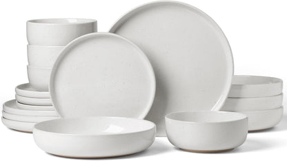 Famiware Milkyway Stoneware Dinnerware Sets with Pasta Bowls, Service for 4 (16 Pieces), Plates and Bowls Sets -Scratch Resistant, Microwave and Dishwasher Safe Dishes Set, White