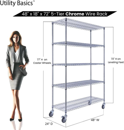 48"x18"x72" Chrome 5-Tier PREMIUM Wire Shelving NSF 4000 LBS MAX CAPACITY Heavy Duty Steel Storage Rack for Warehouses, Garages, Hospitals, Commercial Spaces, & Schools w/PREMIUM WHEELS